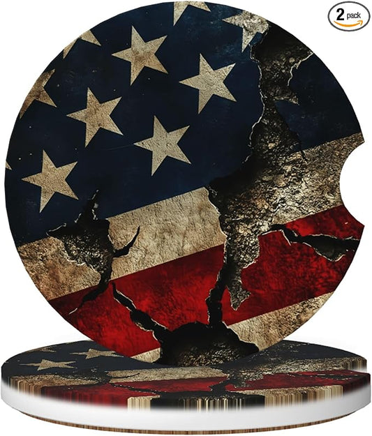 Absorbent Car Coasters for Cup Holders, 2 Pack Universal Anti Slip Ceramic Cup Coaster for Women Men 2.56 Inch Car Interior Accessories - Vintage American Flag 011
