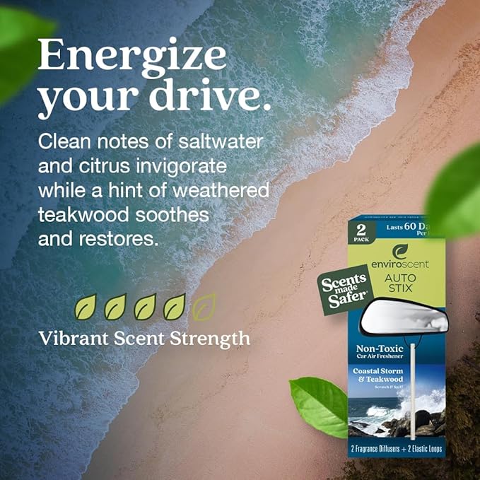 Enviroscent Non-Toxic Car Air Freshener | Natural Car Air Freshener | Essential Oil Diffuser | Car Scent Lasting Over 480 Days | 8 Packs of 2 Hanging Auto Stix (Coastal Storm & Teakwood)
