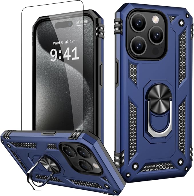 IKAZZ for iPhone 14 Pro Case 6.1 Inch with Screen Protector,Military Grade Shockproof Heavy Duty Protective Phone Cover Pass 16ft Drop Test with Magnetic Kickstand Car Mount Holder,Blue