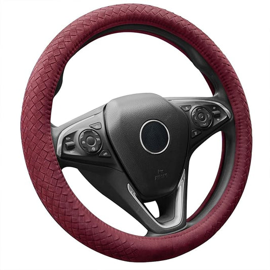 Suede Steering Wheel Cover with Upgraded Silicone Inner Ring, Breathable, Anti-Slip, Leather Universal 14.5 to 15 Inch Steering Wheel Cover (Burgundy with Handwoven Craft)