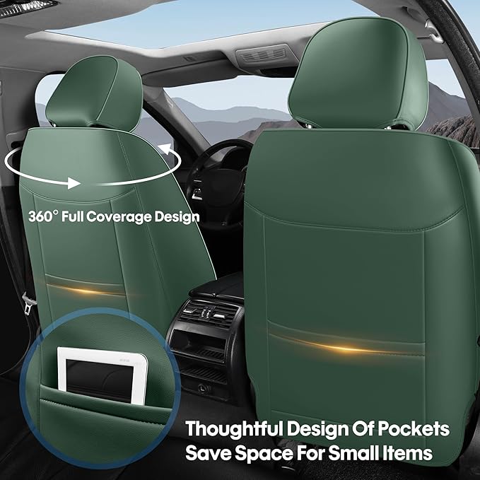 AOOG Seat Covers Custom Fit for Dodge Ram 1500/2500/3500 2002-2025 Faux Leather Seat Cover Set Compatible with Crew, Regular, Quad, Mega Cab, Car Truck Cushions (Blackgreen, Curved Rear, Full Set)