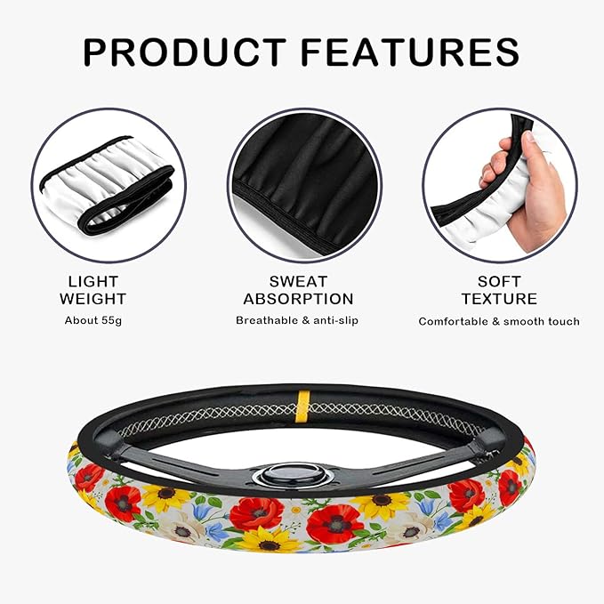 Personalized Retro Flowers Floral Steering Wheel Cover, Non-Slip Breathable Neoprene Elastic Stretch Universal Car Accessories 14.5–15 inch