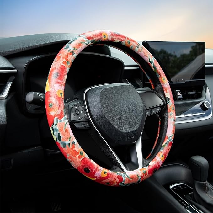 Poppy Coral Pink Flowers Steering Wheel Cover Auto Jacquard Steering Wheel Protector, Anti-Slip, Breathable, Absorbing Sweat, Universal Car Accessories 14.5–15 inch,Fit for Most Car, Trucks, SUV