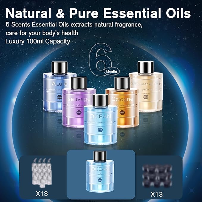 Smart Car Air Freshener Diffuser, Car Diffuser Air Fresheners Long Lasting with 100ml Capacity Essential Oil Last 6 Months, RGB Music Syncing Light, Auto On/Off, 5 Adjustable Car freshener, Freesia