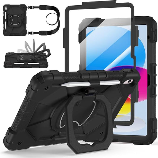 Case for iPad (A16) 11th Generation 11 Inch 2025, Ubearkk for iPad 10th Generation 10.9 inch 2022 case with Screen Protector 360 Degree Rotating Stand Shoulder Strap Pencil Holder, Black