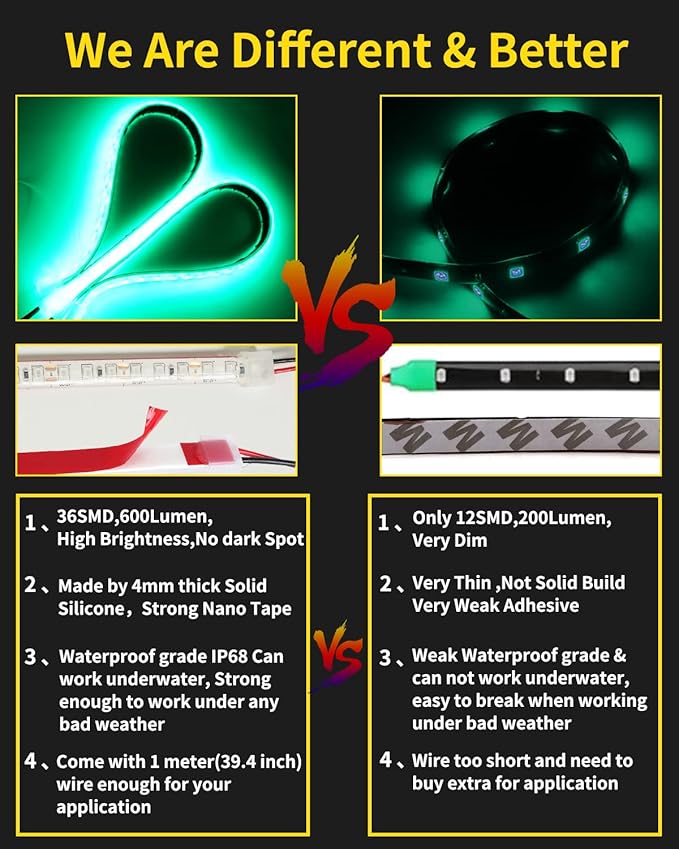 YM E-Bright Car Led Strip Lights for Golf Cart Underglow Motorcycles Marine Boat Kayak Interior Exterior 36SMD Waterproof IP68 Upgrade Solid Silicone 12V 12inch Green (Pack of 4)