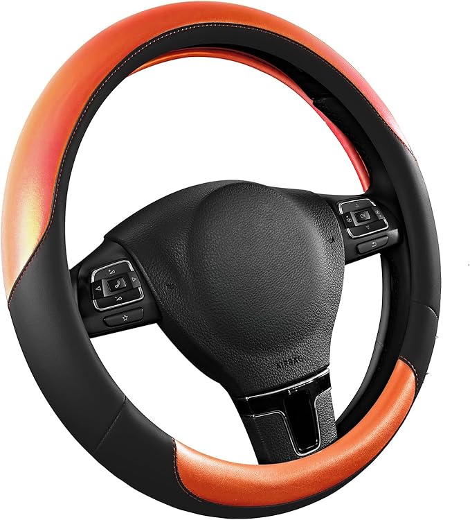 Road Comforts Steering Wheel Cover – Breathable Leather Steering Wheel Cover, Anti-Slip Grip, Universal Fit 14.5” to 15”, Heat & Cold Resistant for Cars, SUVs, and Trucks – Black & Shining Orange