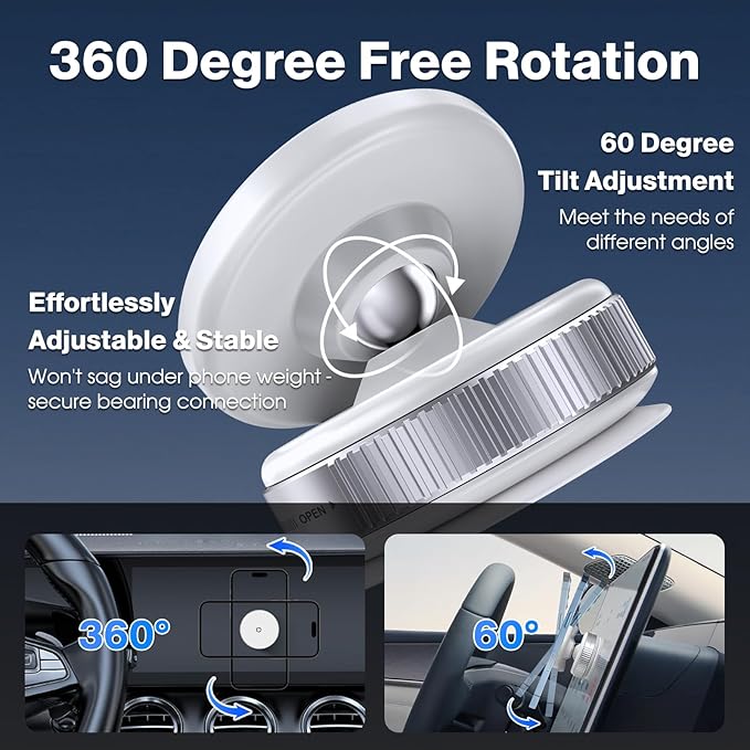 360° Rotatable Vacuum Magnetic Phone Holder, Adjustable Hands-Free Suction Cup Car Phone Mount for Car/Gym/Mirror/Smooth Surface, Compatible with iPhone Android and All Smartphones (White)