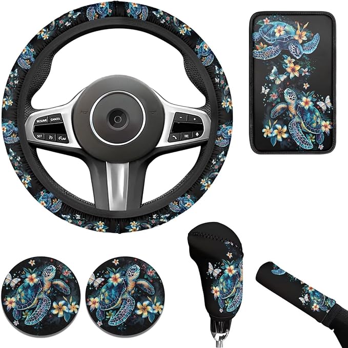 Steering Wheel Cover Men with Sea Turtle Car Accessories Handbrake Cover Cup Coaster Car Interiors Decor Fit for SUV Truck Vans