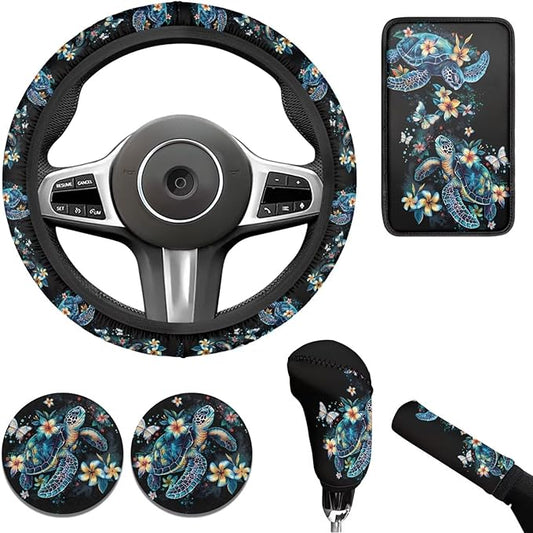 Steering Wheel Cover Men with Sea Turtle Car Accessories Handbrake Cover Cup Coaster Car Interiors Decor Fit for SUV Truck Vans