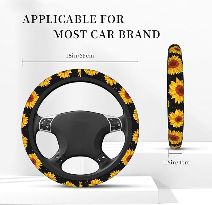 Yellow Sunflowers Steering Wheel Covers Universal 15 Inch Car Wheel Cover,Anti-Slip Breathable Car Accessories Protector Fit for Trucks,Sedans,SUVs,Vans