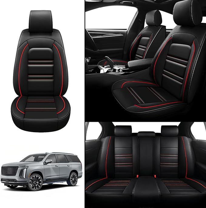 Seat Covers for Cadillac Escalade 2000-2025 | 5-Seats Leather Seat Covers, Easy to Install Automotive Seat Covers Full Set (Full Set, Black&Red Line)