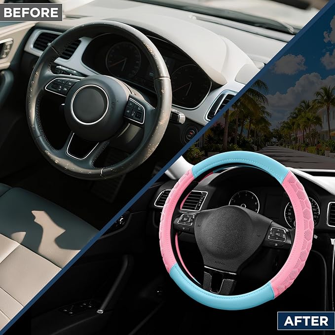 PIC AUTO Massage Steering Wheel Cover, Pink Football Pattern Material Spliced & Light Blue Leather Car Steering Wheel Cover, Car Steering Cover, Universal Fit 14.5"-15.5" for Cars, Trucks, Van, SUVs