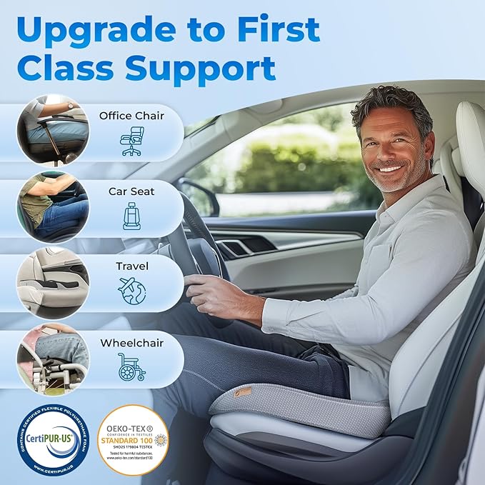 Seat Cushion, BodySync™ Technology with Non-Slip Gel & Memory Foam for Tailbone, Sciatica & Back Pain Relief, Office Chair Cushion, Car Seat Cushions for Driving (Light Grey)