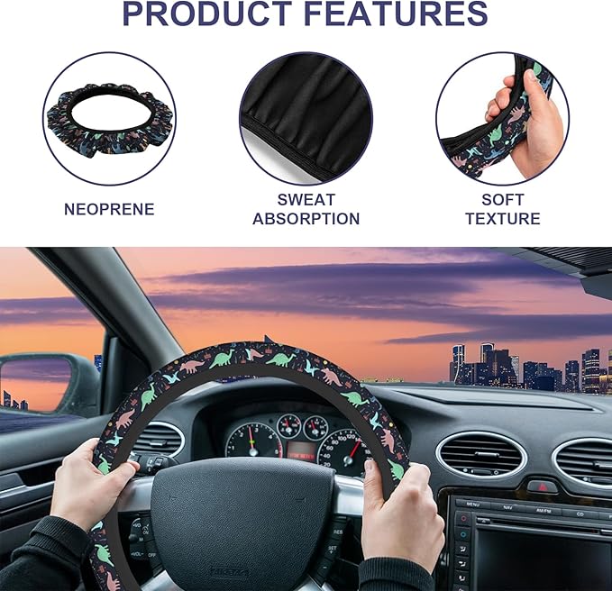 Dinosaur Steering Wheel Covers Rainbow Dino Happy Birthday Cake Confetti Balloon Steering Wheel Cover Universal Car Accessories 15 Inch Steering Wheel Cover for Trucks Auto Vans