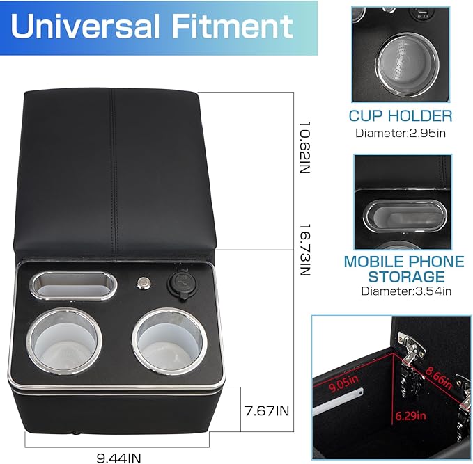 Upgrade Armrest Storage Box with Cup and Phone Holder for Car & Van & Truck Floor Cab Back Bench Seat Center Console Organizer Black