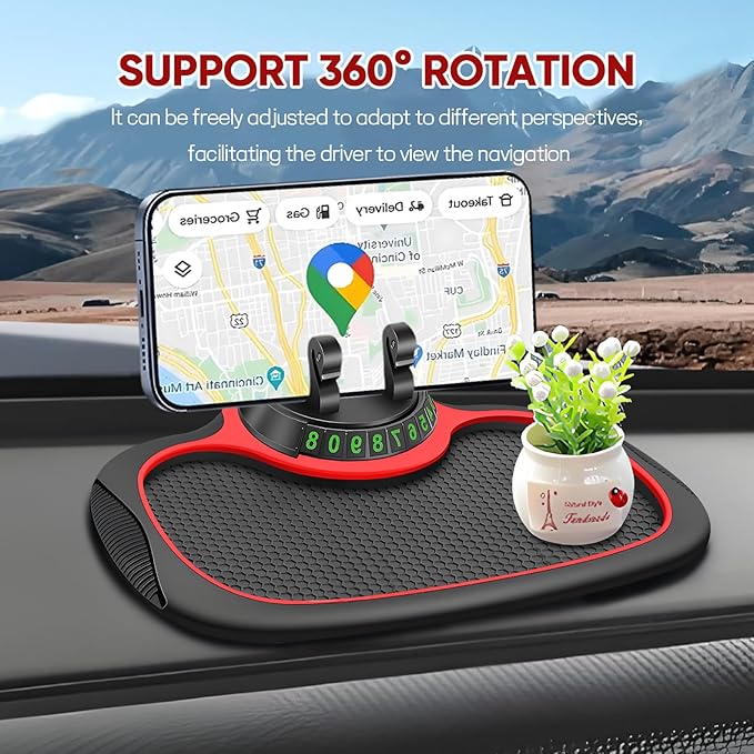 Wuyaoyao Multifunction Car Anti-Slip Mat Auto Phone Holder, PVC Car Dashboard Non-Slip Pad Phone Mount with Temporary Parking Number, Automotive Sticky Dash Pad for Phones, Keys, Gadgets (Black+Red)