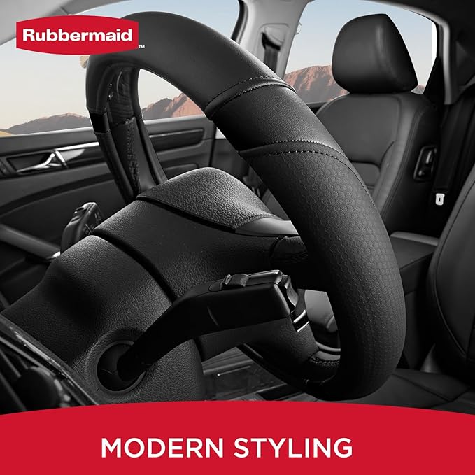 Rubbermaid Steering Wheel Cover – Universal Fit 14.5"–15" Steering Wheel Cover, Anti-Slip Grip, Breathable Leather, All-Season Protection, Interior Upgrade for Cars, Trucks, SUVs - Black