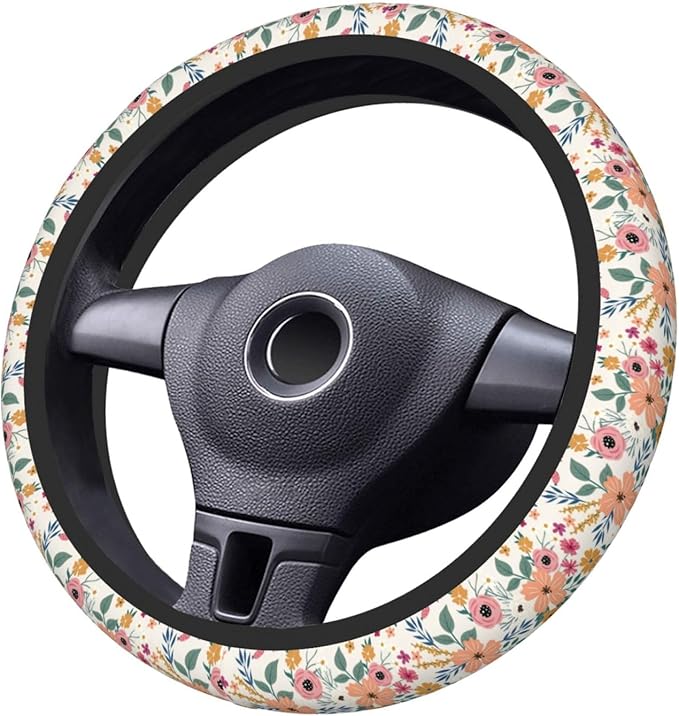 Wild Rose Metallic Flowers Steering Wheel Cover for Women Elastic Rubber Steering Wheel Universal 15 Inch Fit for Cars, Auto, SUVs
