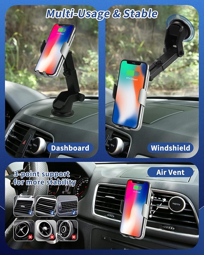 15W Car Mount Charger Qi Fast Wireless Charging Phone Mount, Windshield Dashboard Air Vent Auto Clamping Phone Holder for iPhone 11 12 13 14, 15, 16 Max Xs, Samsung S21 S22, S20, S10+ etc, Google Grey