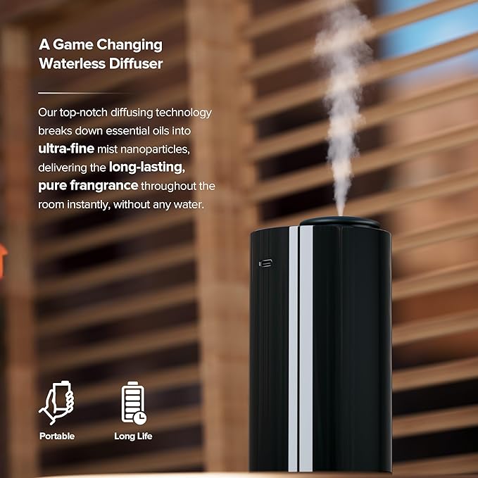 Waterless Essential Oil Diffuser for Home Aromatherapy Car Nebulizing Diffuser Battery Operated 5-20mL Mini Scent Air Machine Up to 600 Sq.Ft. 4 Countdown Timers 3 Mist-Level (AN7 Black)