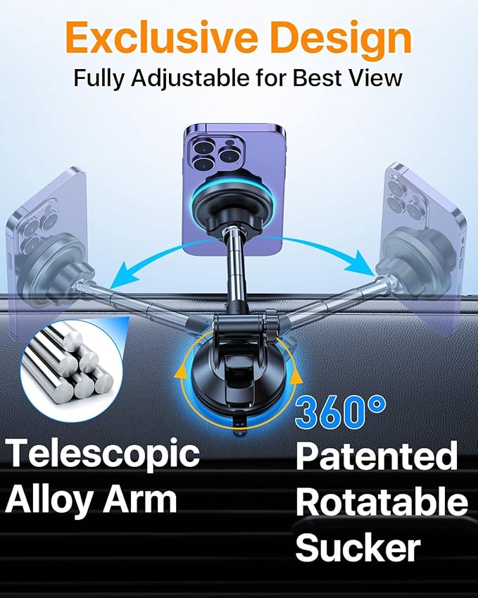 YRU [2025 Upgraded] Magnetic Phone Holder for Car【Patented & Super Magnet】for MagSafe Car Mount Dashboard Magnet Phone Holder Windshield Phone Stand for iPhone 17 16 15 14 13 12 Pro Max Samsung, Black