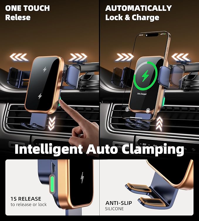 Dual Coil 15W Car Phone Holder Wireless Car Charger -Auto Clamping- Charging Phone Holders for Your Car Dash Vent Windshield, for Flip S25/S24/S23/S22, iPhone 17/16/15/14