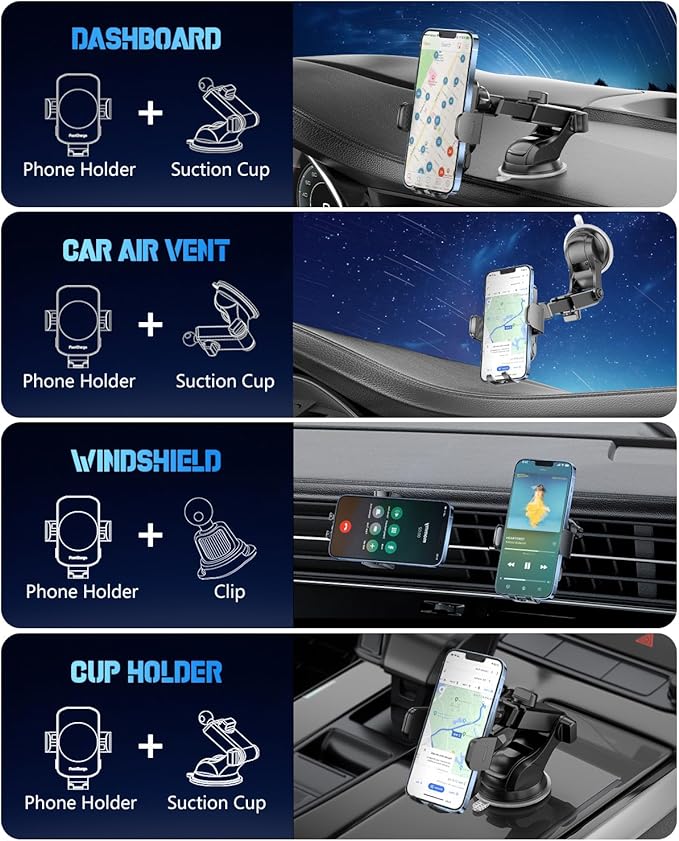 Wireless Car Charger, Fast Charging Phone Holder 3 in 1 Phone Mount Auto Clamping Car Accessories Compatible with iPhone 17 16 15 14 13 12 11 Xs XR, Samsung S23 Ultra S22 S21 S20(Deep Space Black)