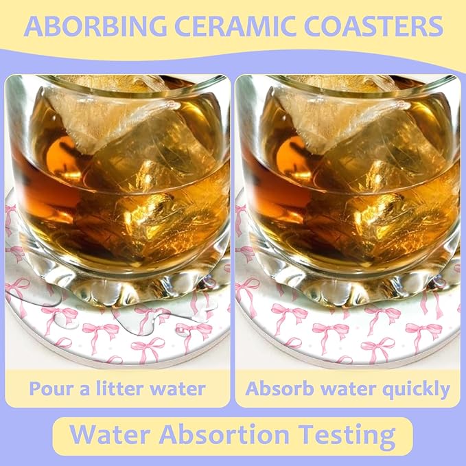 2 Pack Car Cup Holder Coaster-Pink Bow Absorbent Ceramic Coaster, Car Coasters for Cup Holders,Auto Accessories for Women & Men
