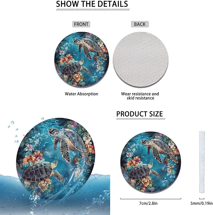 Steering Wheel Cover Sea Turtle Print Car Interior Decor Armrest Cushion,Cup Mat,Handbrake Gear Cover Protector Suit for SUV,Truck,Vans -6pcs