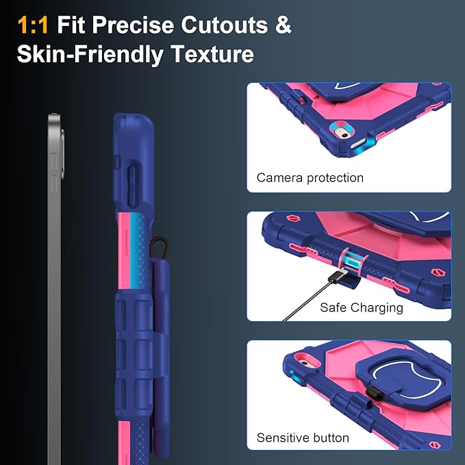 Case for iPad A16 11th/10th Generation 11 inch/10.9 inch 2025/2022, Ubearkk for iPad a16 case with Screen Protector, 360 Degree Rotating Stand Shoulder Strap Pencil Holder, Navy Pink