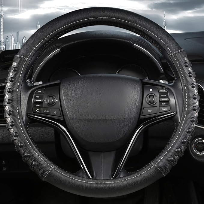 West Llama Microfiber Leather Car Steering Wheel Cover for Men Women,Universal Fit 14.5-15 inch(Leather Nails-Gray+Black-Standard Size)