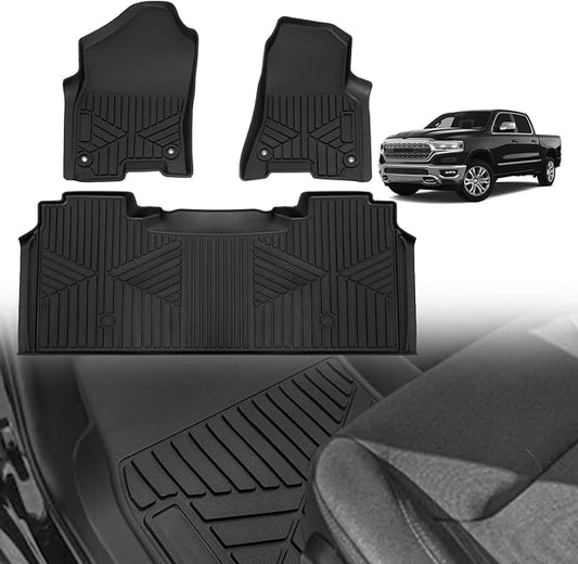 TripleAliners Floor Mats All Weather Liner Compatible with 2019-2025 RAM 1500 Crew Cab Accessories 1st & 2nd Row Floor Liners TPE Heavy Duty Custom Fit Car Mats (Not for Classic)