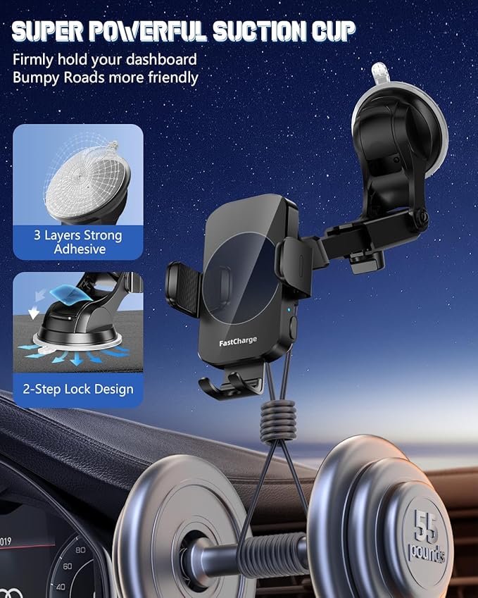 Wireless Car Charger, Fast Charging Phone Holder 3 in 1 Phone Mount Auto Clamping Car Accessories Compatible with iPhone 17 16 15 14 13 12 11 Xs XR, Samsung S23 Ultra S22 S21 S20(Deep Space Black)