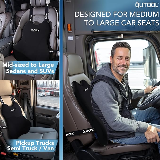 QUTOOL Lumbar Support Pillow for Car, Truck Accessories Travel Essentials, Memory Foam Back Cushion for Driving Seat, Back Pain Relief,Washable Cover, Lower Back Support Fits Most Cars(Black)