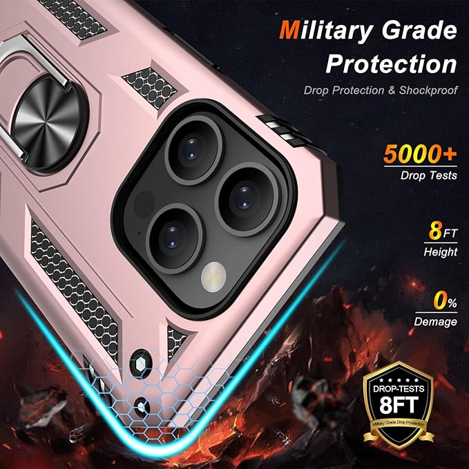 IKAZZ for iPhone 14 Pro Case 6.1 Inch with Screen Protector,Military Grade Shockproof Heavy Duty Protective Phone Cover Pass 16ft Drop Test with Magnetic Kickstand Car Mount Holder,Rose Gold