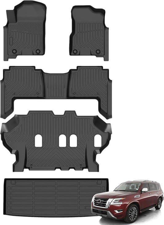 Floor Mats & Cargo Liner for Nissan Armada/Infiniti QX80 8 Seats 2019-2024, All Weather Automotive TPE Floor Liners Set Anti-Slip Waterproof Accessories (Car Mats+Trunk Mat) Black