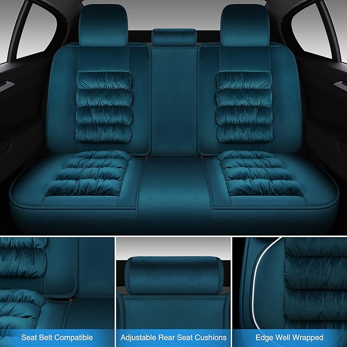 AOOG Fuzzy Leather Car Seat Covers Full Set, Heated Front Bench Back Cushion Protector for Cars SUV Trucks (Full Set,Green)