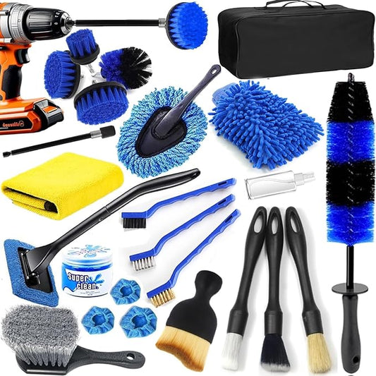 26Pcs Car Detailing Kit, Car Detailing Brush Set, Auto Detailing Drill Brush Set, Car Detailing Brushes, Car Wash Kit, Car Accessories, Car Cleaning Tools Kit for Interior, Exterior, Wheels