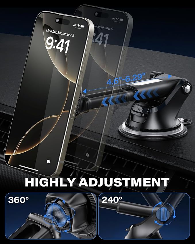 OQTIQ for Magnetic Car Mount Charger- QI2 Certified 15W Fast Wireless Charging Car Phone Holder with Strong Magnetic Grip, Built-in Cooling Fan, Suction Cup & Vent Mount [PD 30W Adaptor Included]