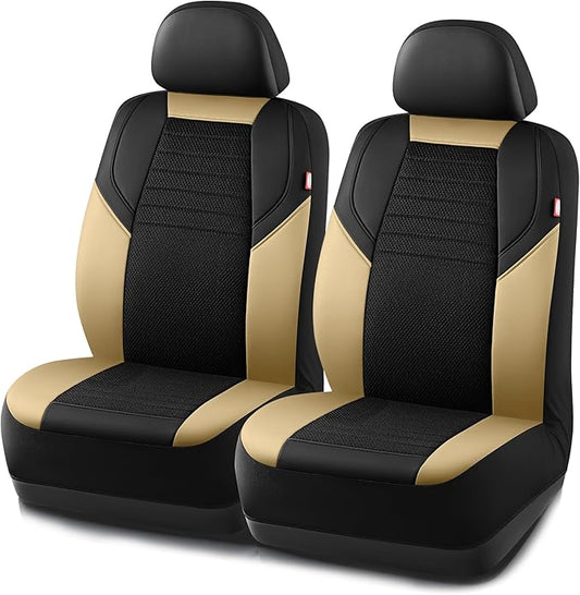 Rubbermaid Car Seat Cover, Leather & Air-Cool Mesh Front Seat Cover, Airbag Compatible, Slip-On Installation, Automotive Seat Cover Universal Fit for Most Cars, Trucks, SUVs-Beige