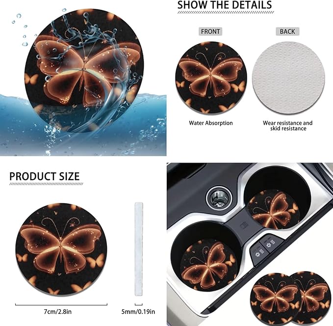 Butterfly 6pcs Car Steering Wheel Cover Sets Yellow Car Accessories for Men Women Cup Holder Handbrake Gear Cover for SUV Truck Sedan