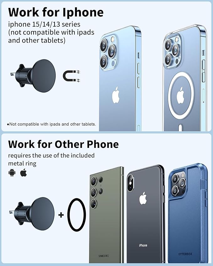 ZBF Magnetic Car Mount Charger, Mag-Safe Car Mount,Magnetic Car Phone Holder Mount, Car Cell Phone Holder Fit 17 16 15 14 13 12 All Smartphones (Air Vent)