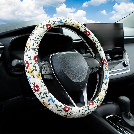 Embroidered Red Flower and Cute Daisy Steering Wheel Cover Auto Anti-Slip Breathable Rubber Steering Wheel Protector,Floral Car Accessories for Women,Universal Size Fit Most Cars -15 inch
