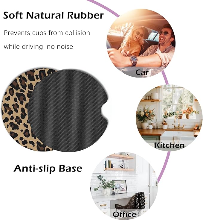 2 Pcs Car Cup Coasters, Brown Cheetah Print Universal Non-Slip Rubber Car Coasters for Cup Holders 2.75 inch, Car Interior Accessories for Women