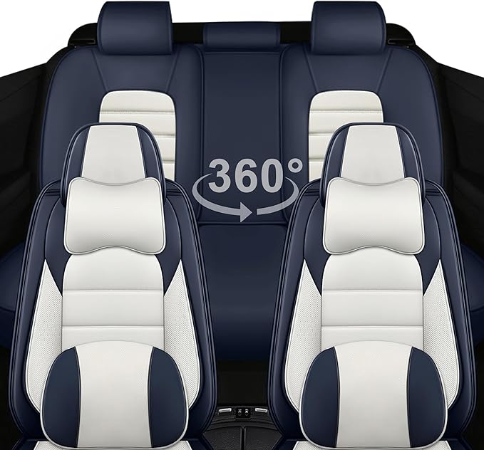 5 Car Seat Covers for Toyota RAV4 2000-2026 Breathable Leather,Waterproof Car Seat Protectors with Comfort Headrest Pillows,Automotive Vehicle Cushion with Storage Pockets (Luxury,Blue)