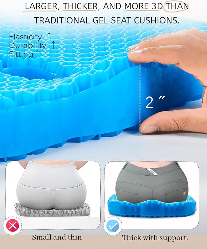 Gel Seat Cushion for Long Sitting & Hip Pain Relief (Large Size) - Cooling 3D Cushions for Office Chair, Car, Wheelchair, Breathable & Non-Slip Cover with Pressure Relief Technology