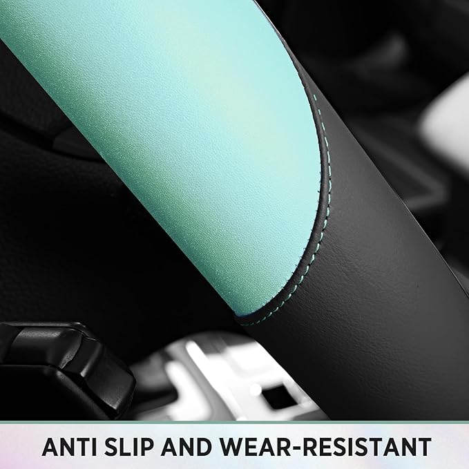 Road Comforts Steering Wheel Cover – Breathable Leather Steering Wheel Cover, Anti-Slip Grip, Universal Fit 14.5” to 15”, Heat & Cold Resistant for Cars, SUVs, and Trucks – Black & Shining Light Blue