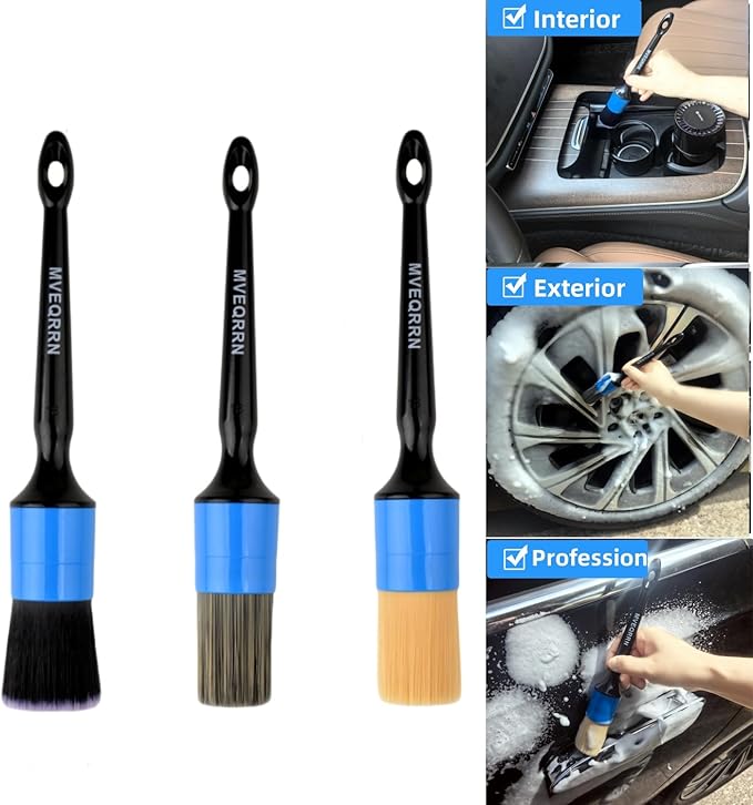 6pcs Car Detailing Brush Set-2pcs Boars Hair Car Detailing Brushes,2pcs Ultra Soft No Scratch Detailing Brush for Air Vent,Leather Seat 2pcs Detail Brushes for Interior Exterior(Blue)