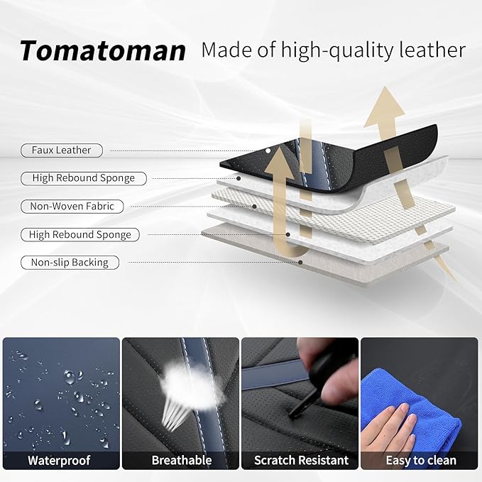 Tomatoman Front Seat Covers,Universal Waterproof Leather Car Seat Full Coverage Protectors Automotive Vehicle Cushion Fit for Most Sedans SUV Pick-up Truck(2PCS Front/Black-Blue)